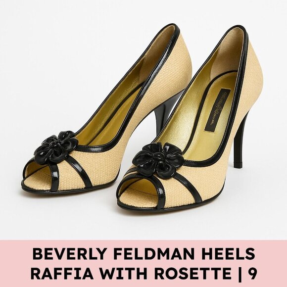 Beverly Feldman Shoes - Beverly Feldman Raffia Peep Toe Heels Flower Rosette Coastal Grandma Size 9
